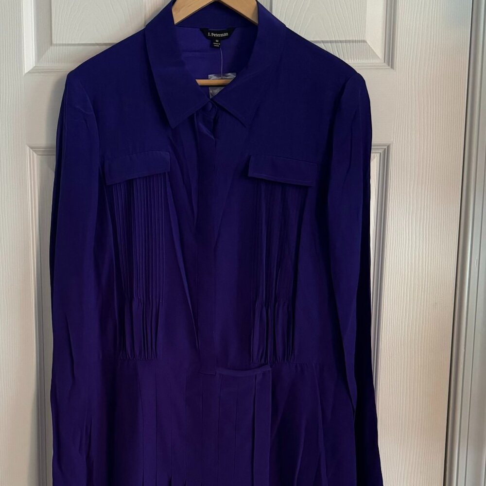 J. Peterman Royal Blue/Purple Silk Shirt Dress w Pleated Skirt, sz14, Never Worn